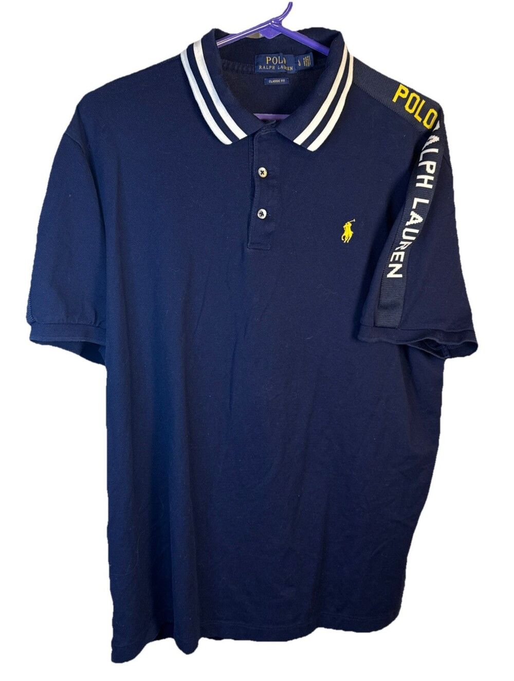 RARE Polo Ralph Lauren Classic Fit Men’s L Navy Yellow Spell Out Sleeves Pony